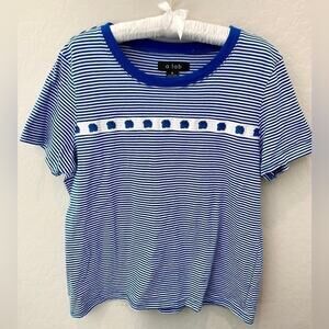 A.LAB | Blue White Striped Cotton Floral Graphic Short Sleeve Tee | Large